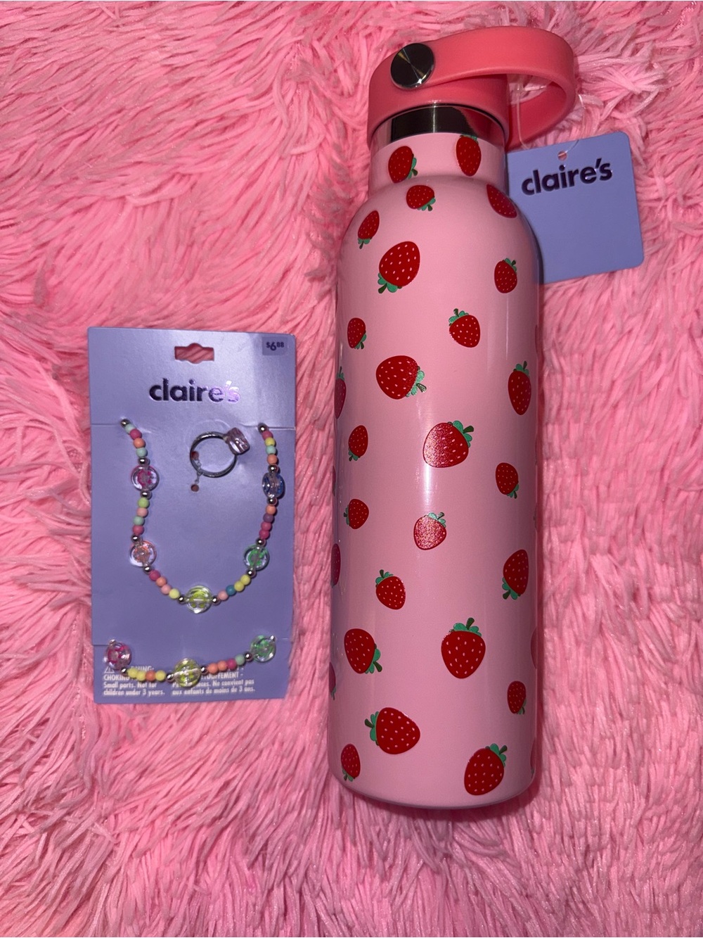 Claire's Pink Strawberry Stainless Steel Water Bottle and necklace ring set kids